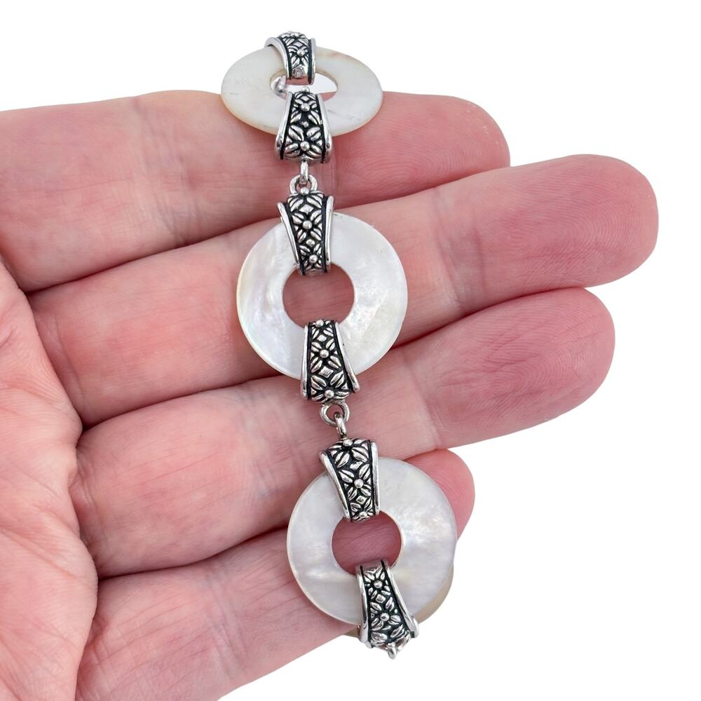 Vintage Sterling Silver 925 Mother of Pearl Disk Toggle Bracelet 6"